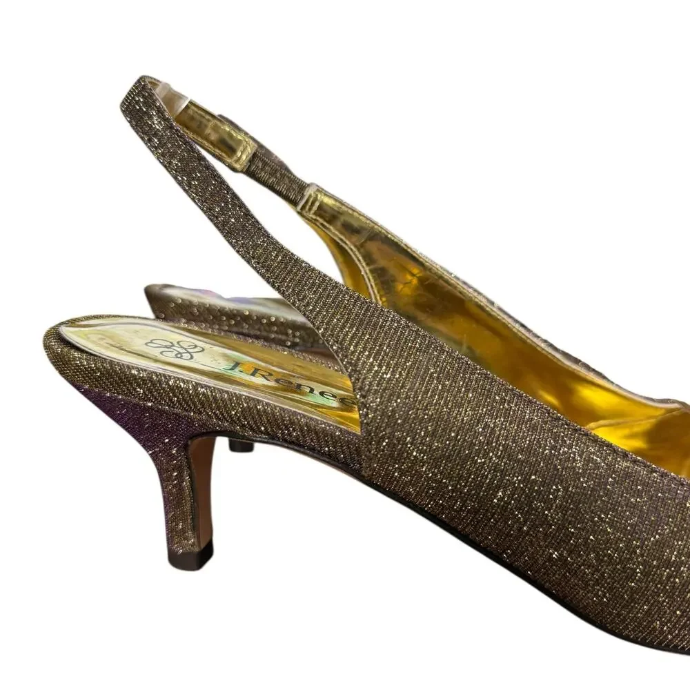 J Renee Metallic Gold Purple Slingback Peep Toe Heels Shoes Leather Sole sz 11